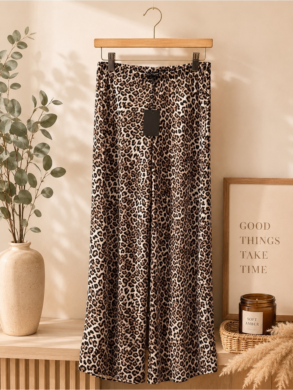 See You Monday Leopard Print Wide Leg Trousers in Brown & Black